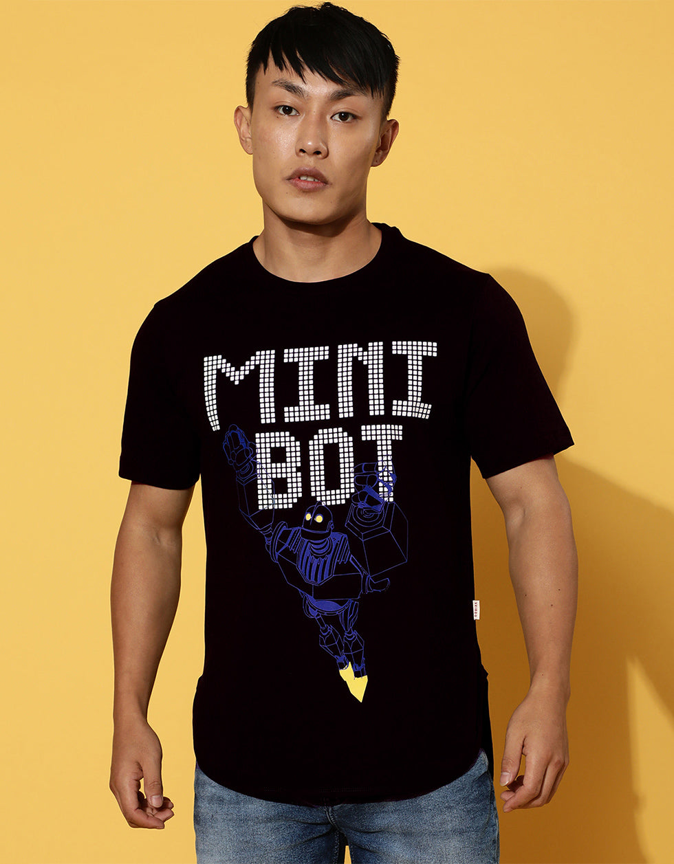 Mini Bot Black Regular Chest Graphic Printed Tshirt