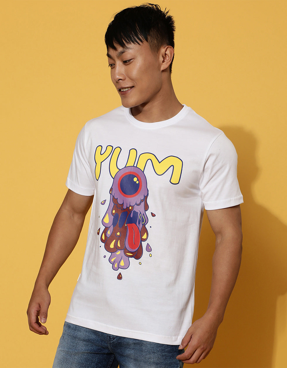 YUM White Regular Fit Chest Graphic Printed Tshirt