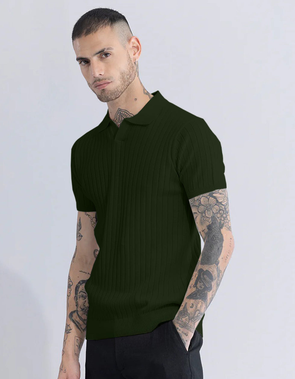 Olive Ribbed Flatknit Textured Regular Fit Exclusive Polo T-Shirt