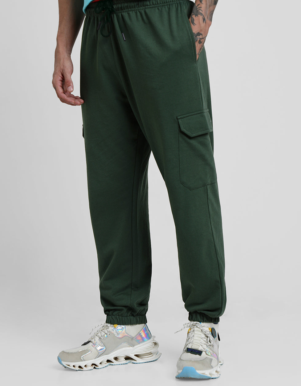 Olive Green Solid Baggy Fit Cargo Pants