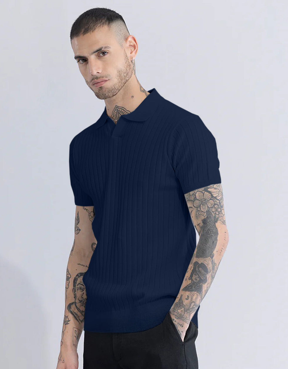 Navy Ribbed Flatknit Textured Regular Fit Exclusive Polo T-Shirt