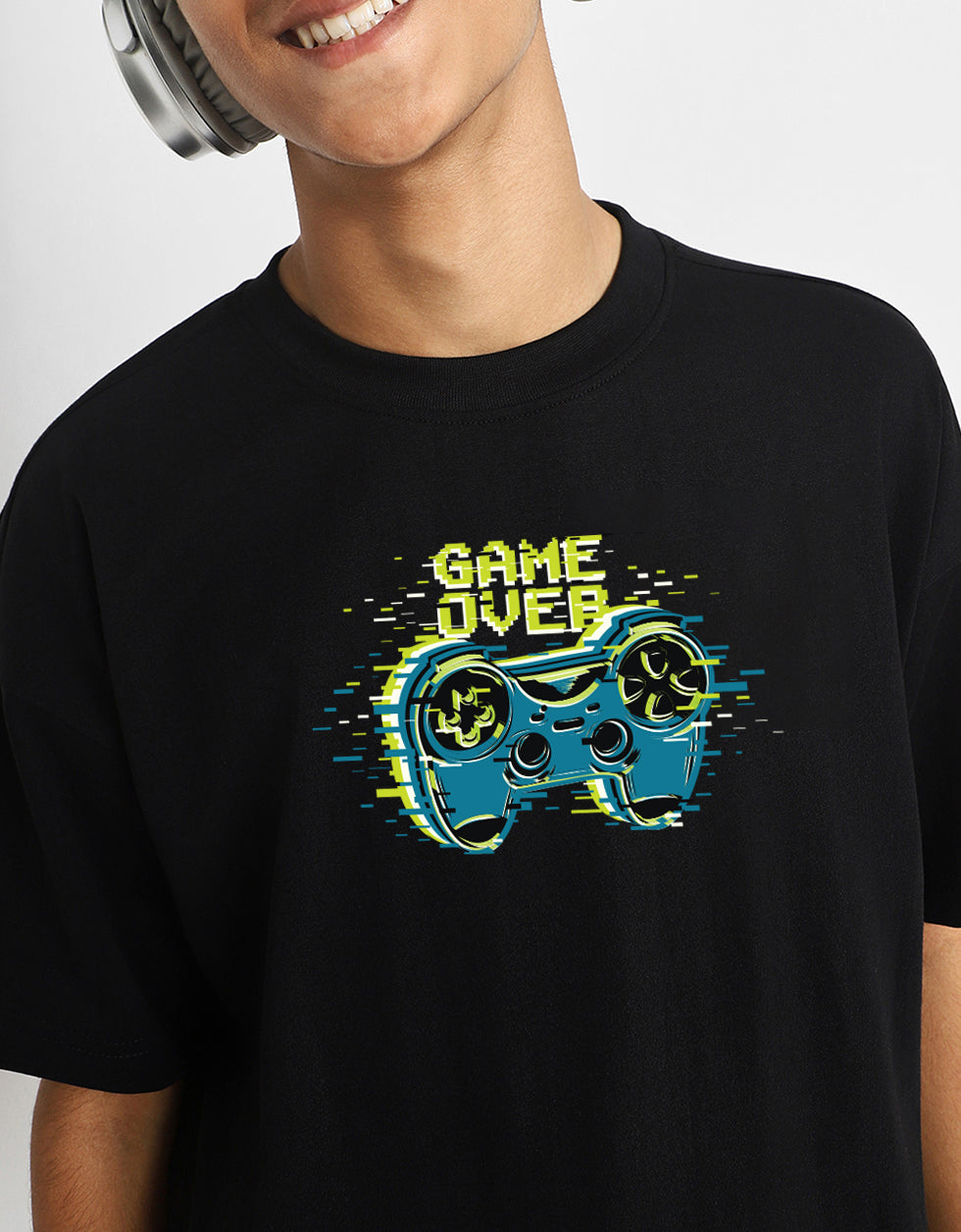 Game Over Black Oversized Graphic Printed Boys T-shirt