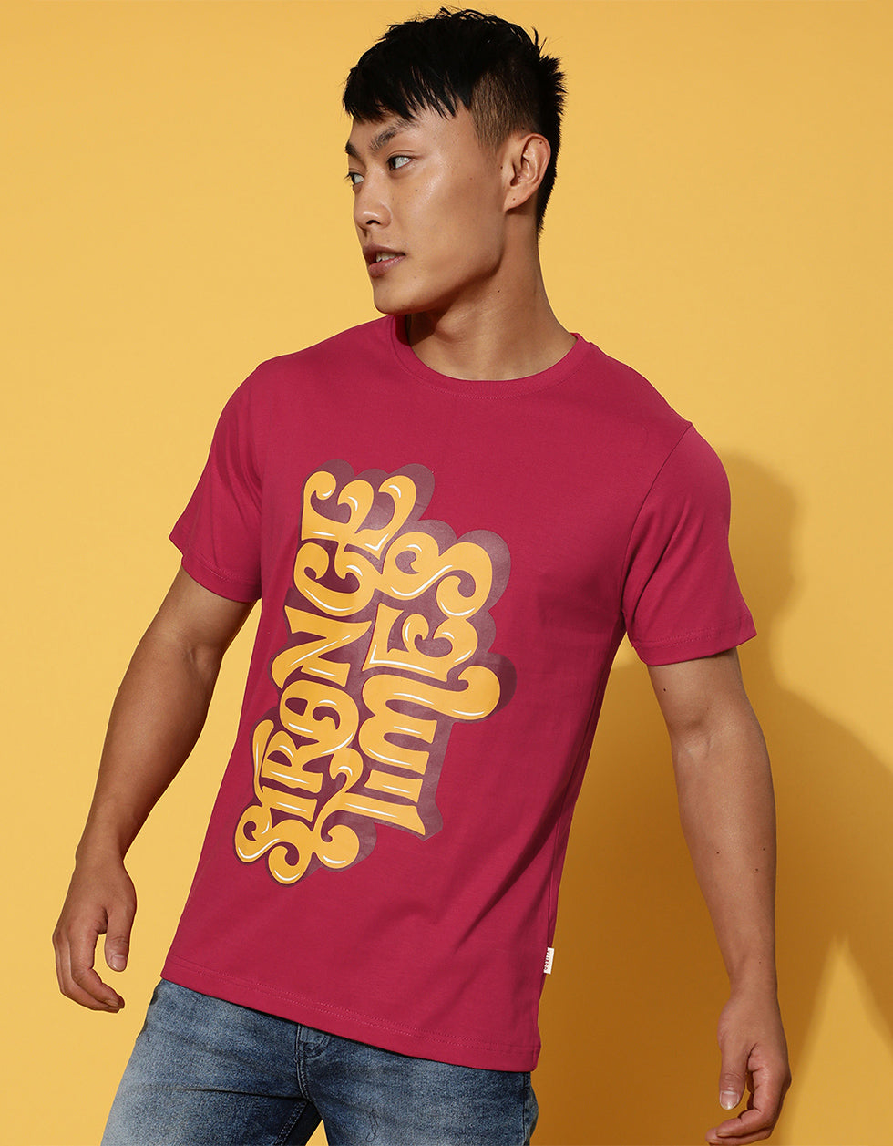 Strange Times Viva Magenta Printed Front Typographic Regular Printed Tshirt