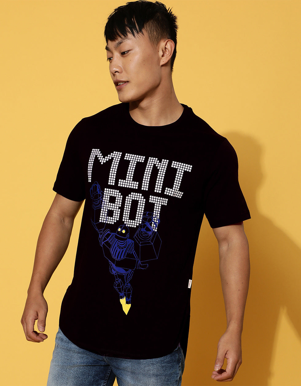 Mini Bot Black Regular Chest Graphic Printed Tshirt