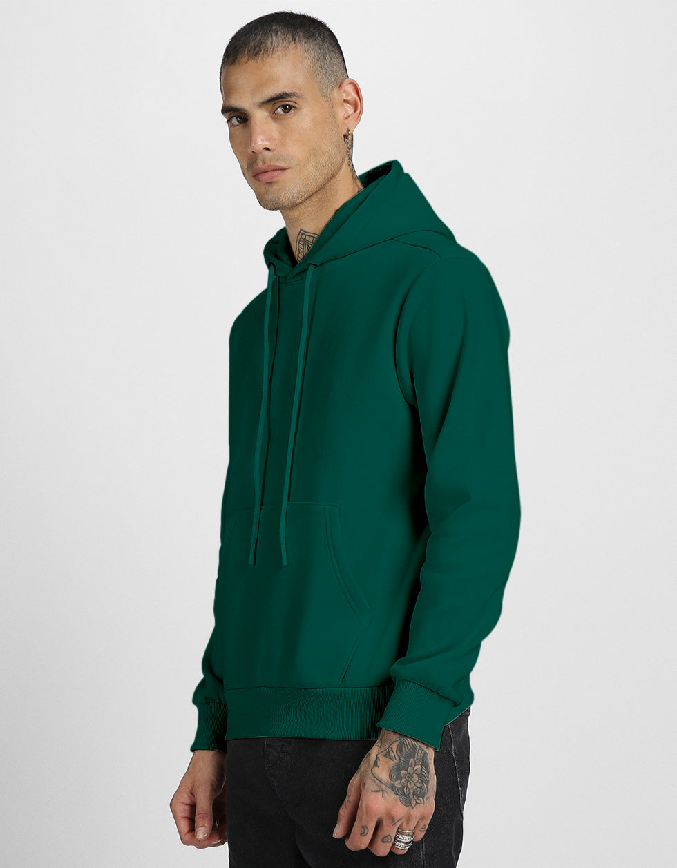 Dark Green Plain Regular Fit Hoodie