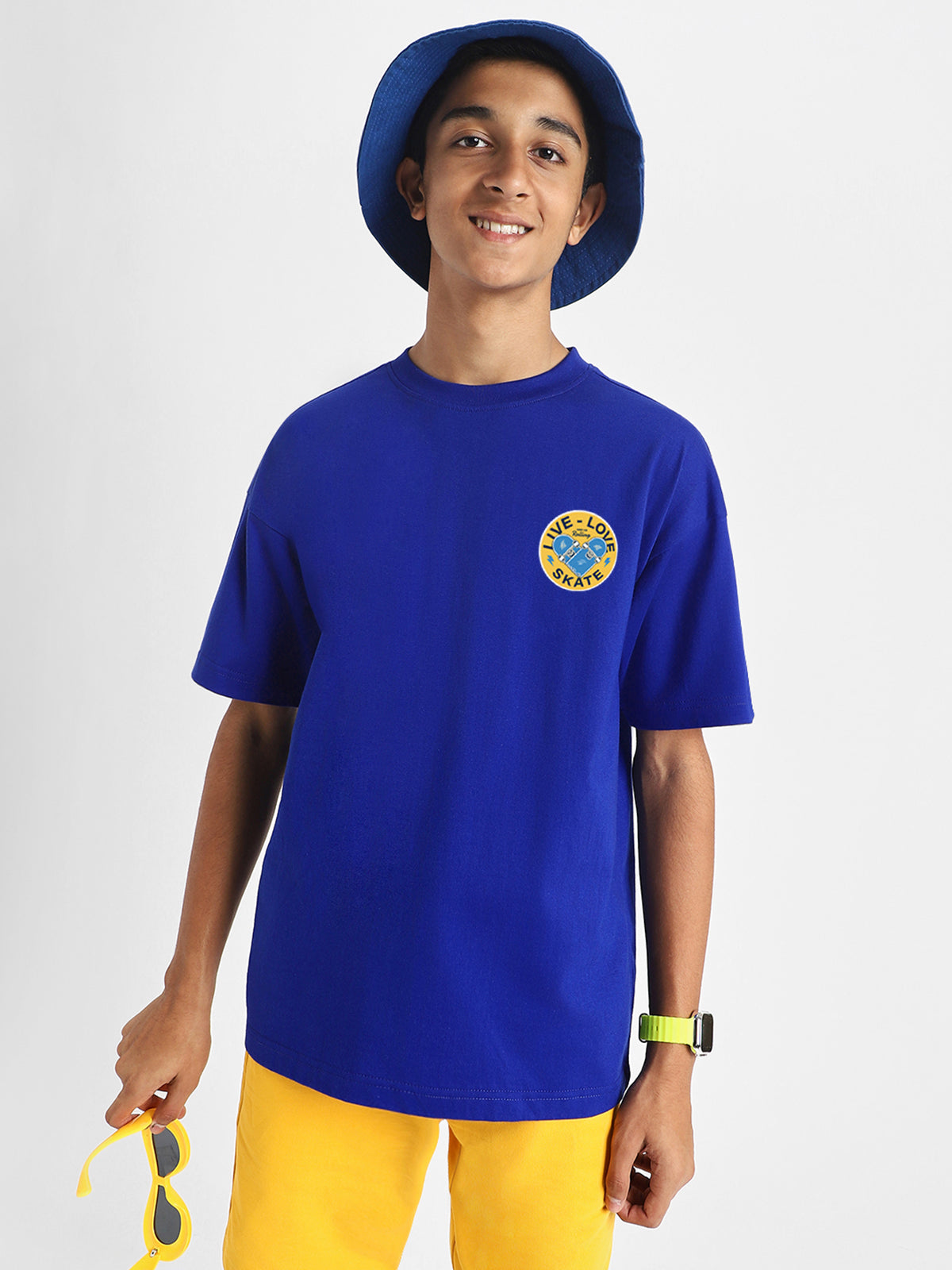 Live Love Skate Royal Blue Oversized Graphic Pocket Printed Boys T-shirt