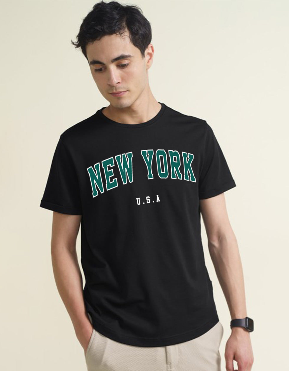 New York Black Regular Fit Printed T-shirt