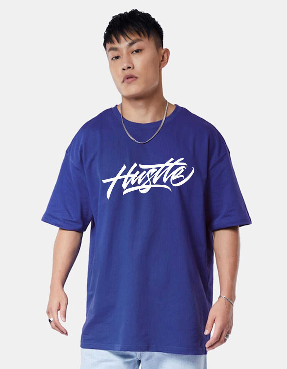 HUSTLE Blue Oversized Graphic Back Printed Tshirt