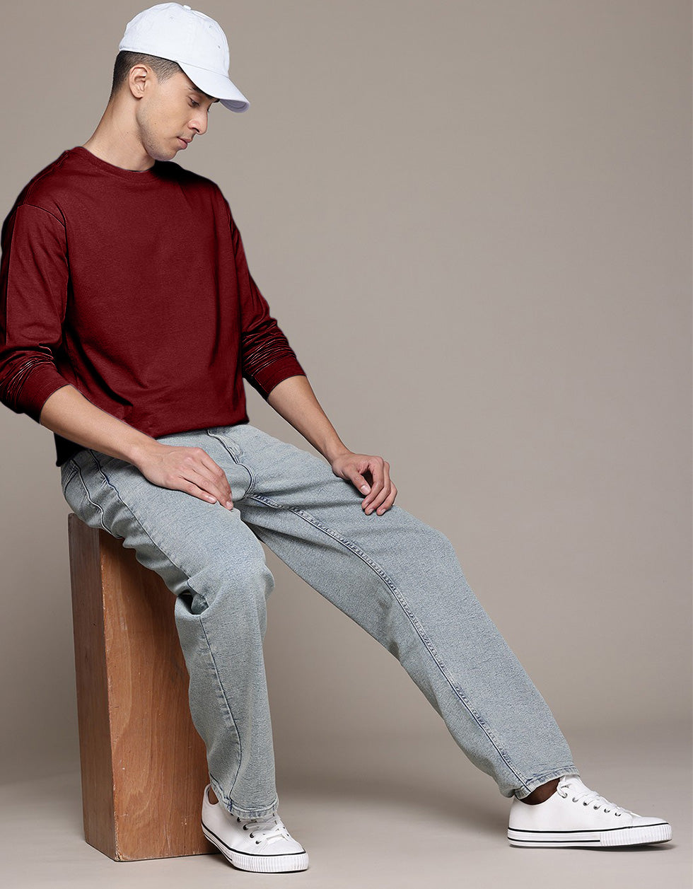 Maroon Plain Full Sleeves Regular Fit T-shirt