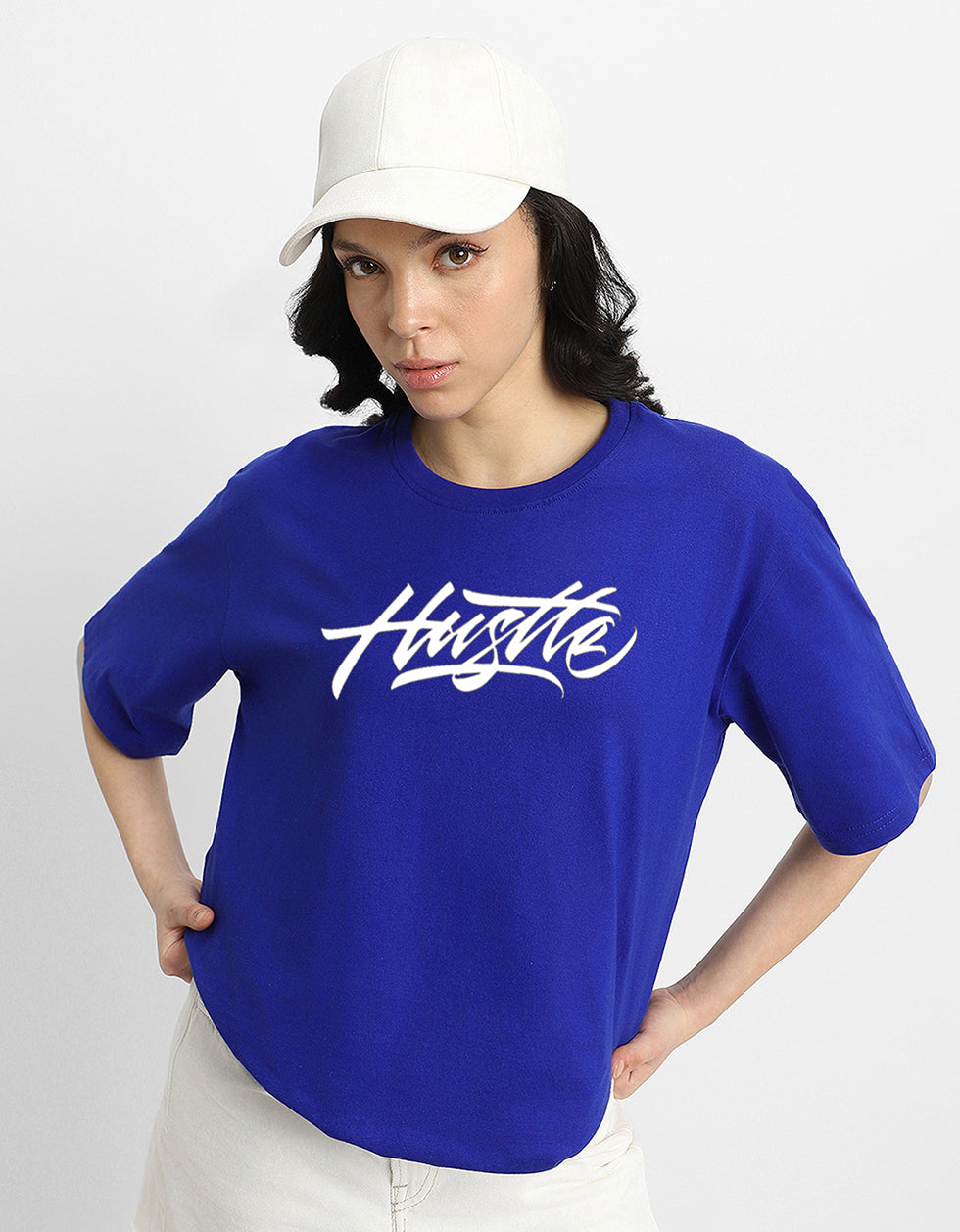 HUSTLE Women Blue Oversized Graphic Back Printed Tshirt