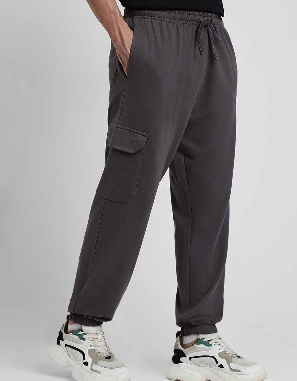 Grey Solid Baggy Fit Cargo Pants