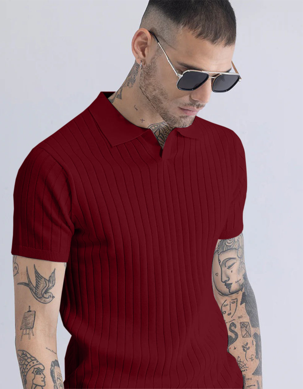 Wine Ribbed Flatknit Textured Regular Fit Exclusive Polo T-Shirt