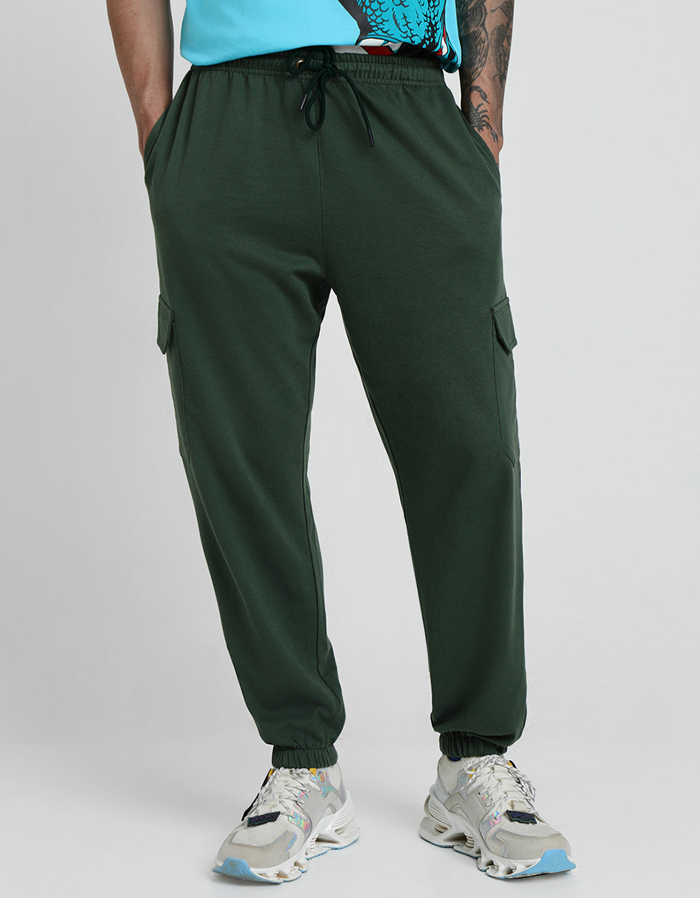 Olive Green Solid Baggy Fit Cargo Pants