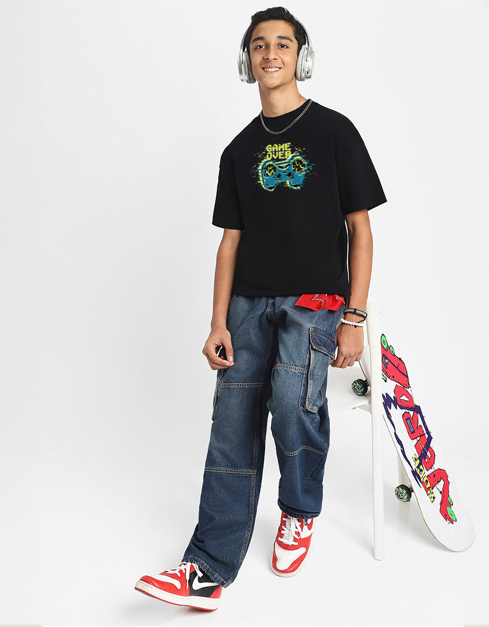Game Over Black Oversized Graphic Printed Boys T-shirt
