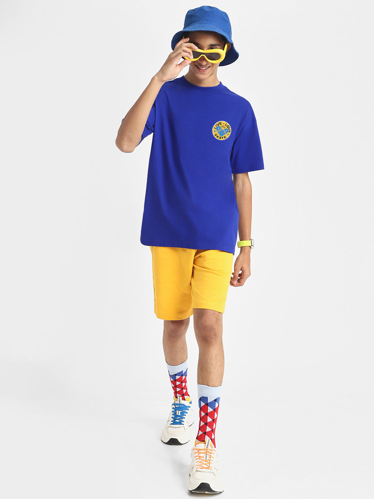 Live Love Skate Royal Blue Oversized Graphic Pocket Printed Boys T-shirt