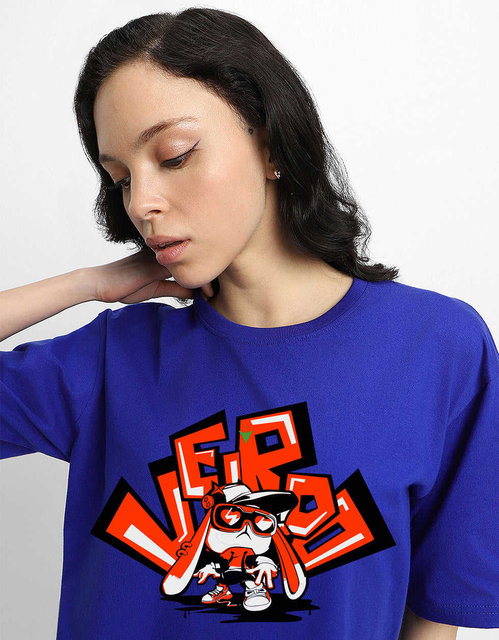 VEIRDO Women Blue Oversized Puff Front Printed Tshirt