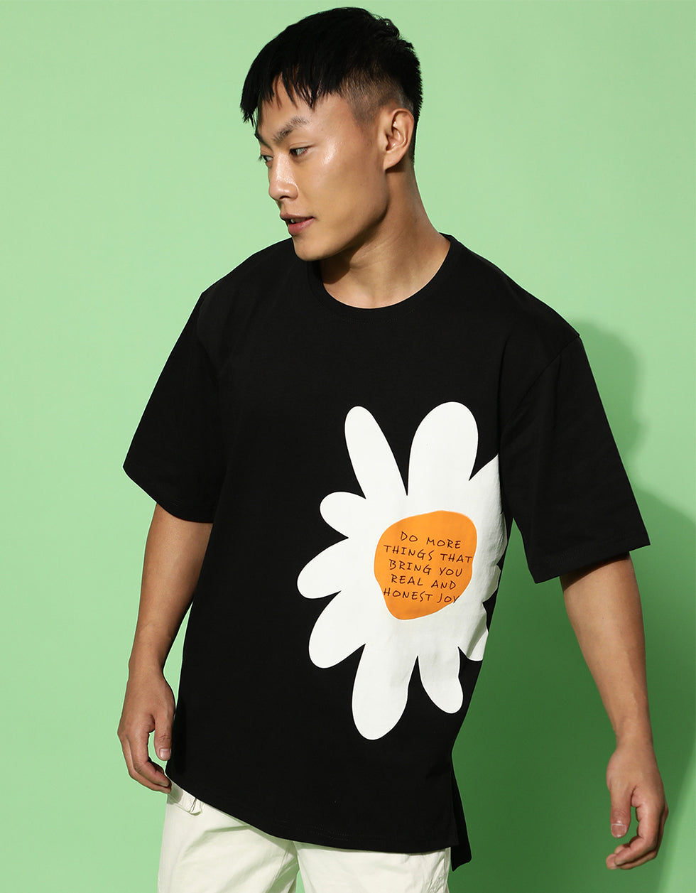 Flower Black Oversized Placement Graphic Printed Tshirt