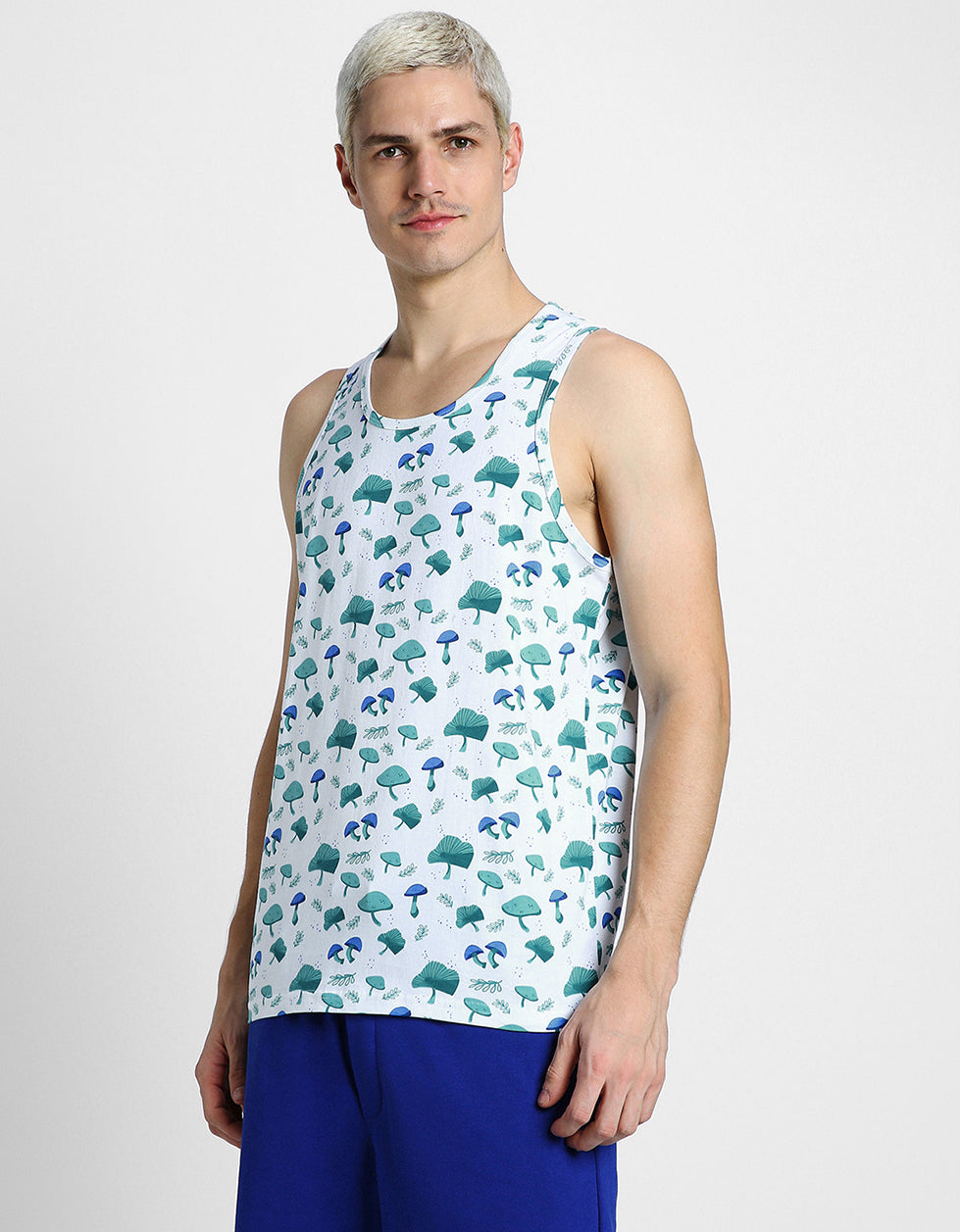White & Blue Mushroom Printed Gym Vest