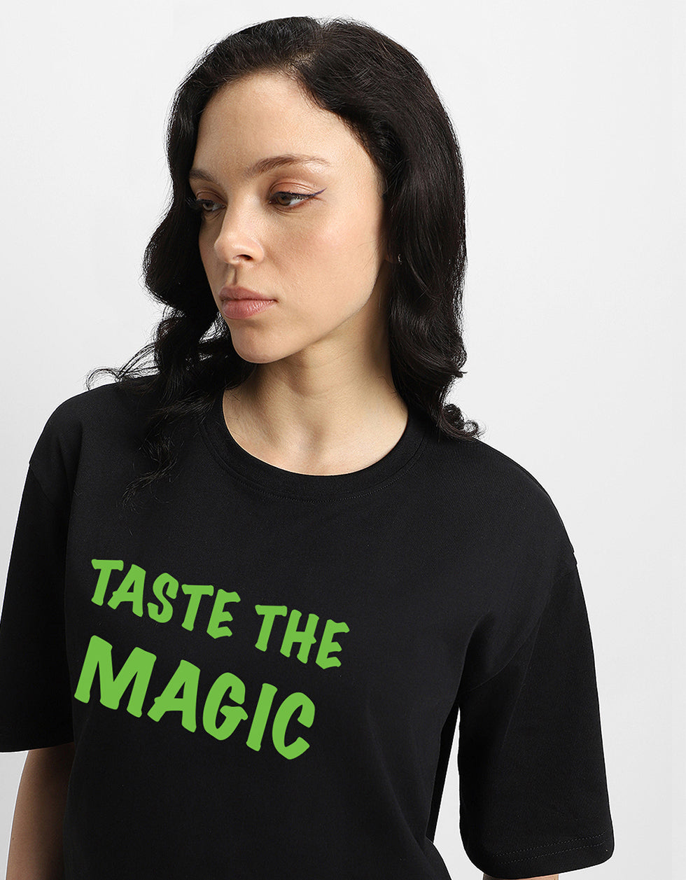 TASTE OF MAGIC Women Black Oversized Tshirt