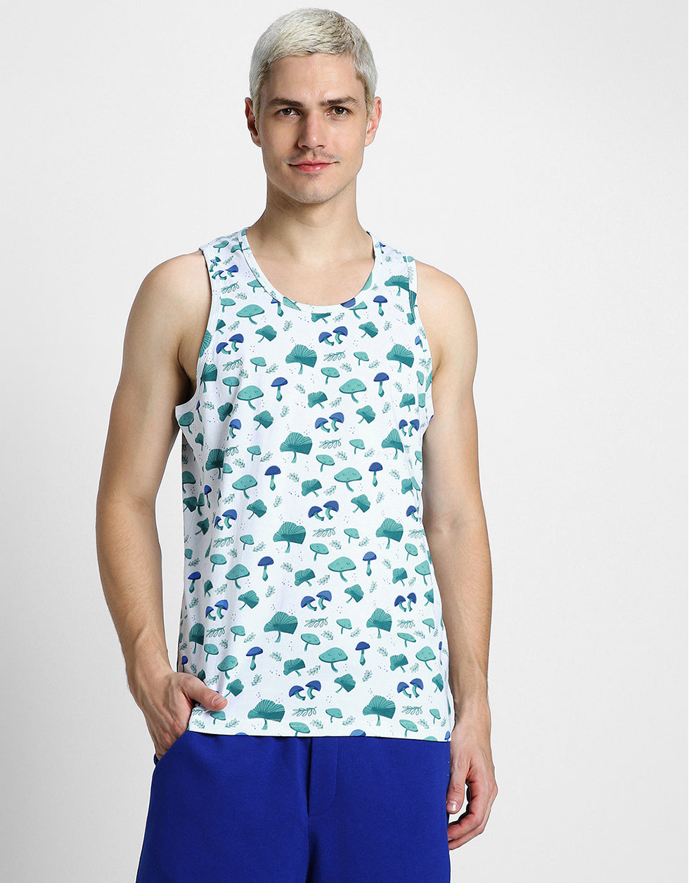 White & Blue Mushroom Printed Gym Vest