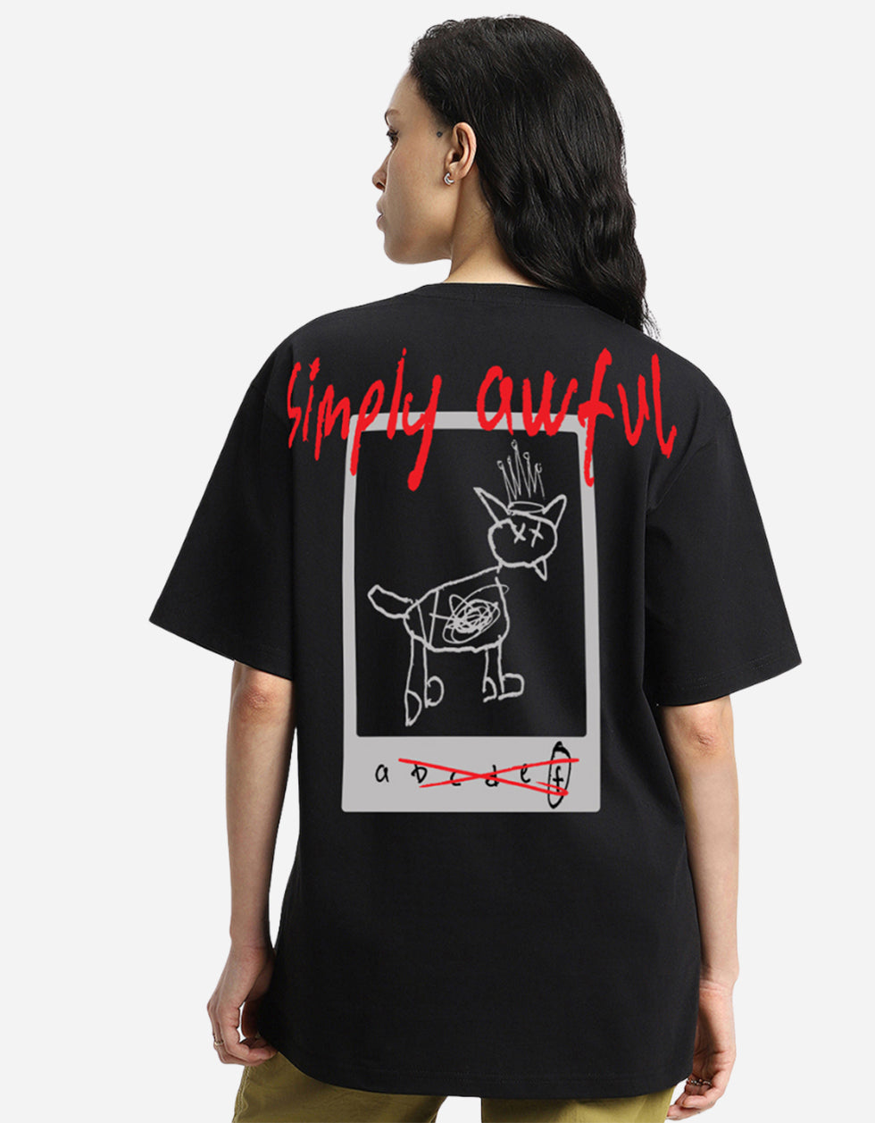 AWFUL Women Black Back Graphic Printed Oversized Tshirt