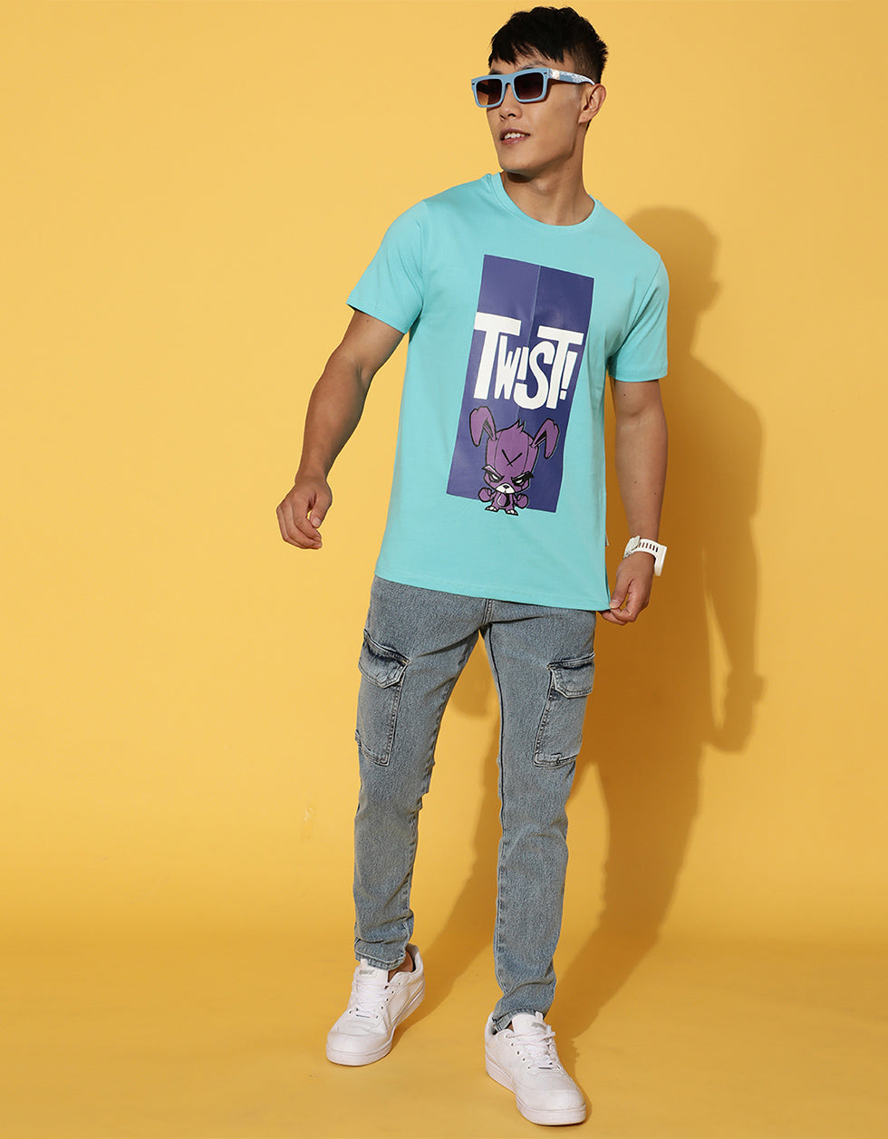 Twist Regular-Fit Blue Full Front Graphic Printed Tshirt