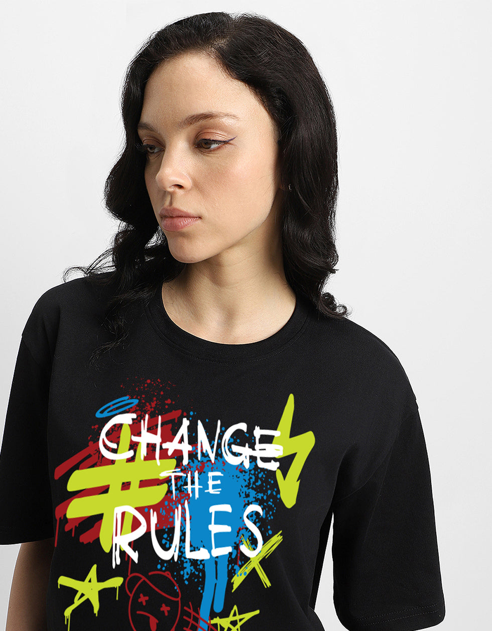 CHANGE THE RULE Women Black Oversized Front Typographic Printed Tshirt