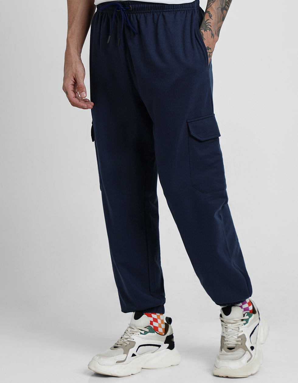 Navy Solid Baggy Fit Cargo Pants