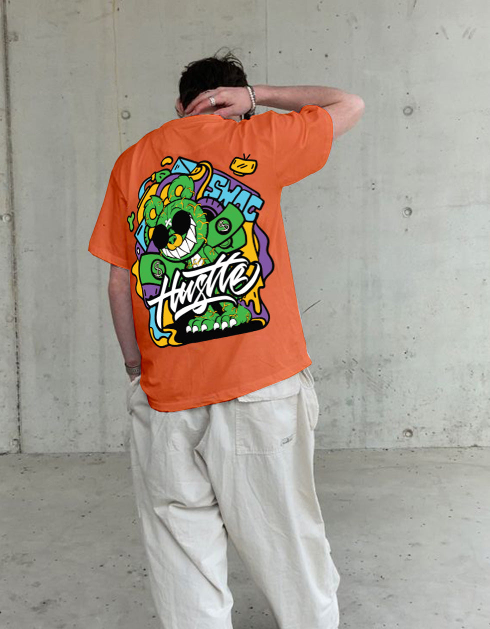 HUSTLE Orange Oversized Back Graphic Printed Tshirt