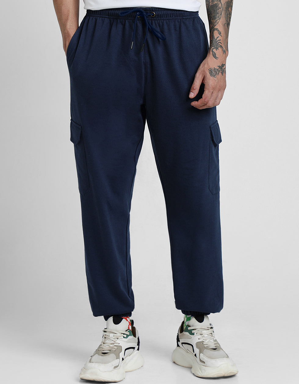 Navy Solid Baggy Fit Cargo Pants