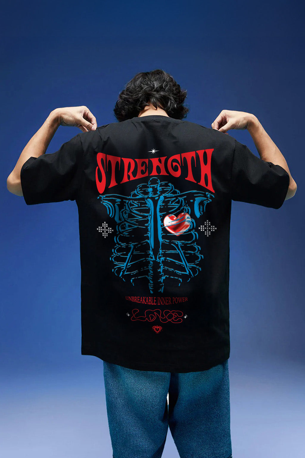 Strenght Black Oversized Puff Printed Exclusive T-shirt