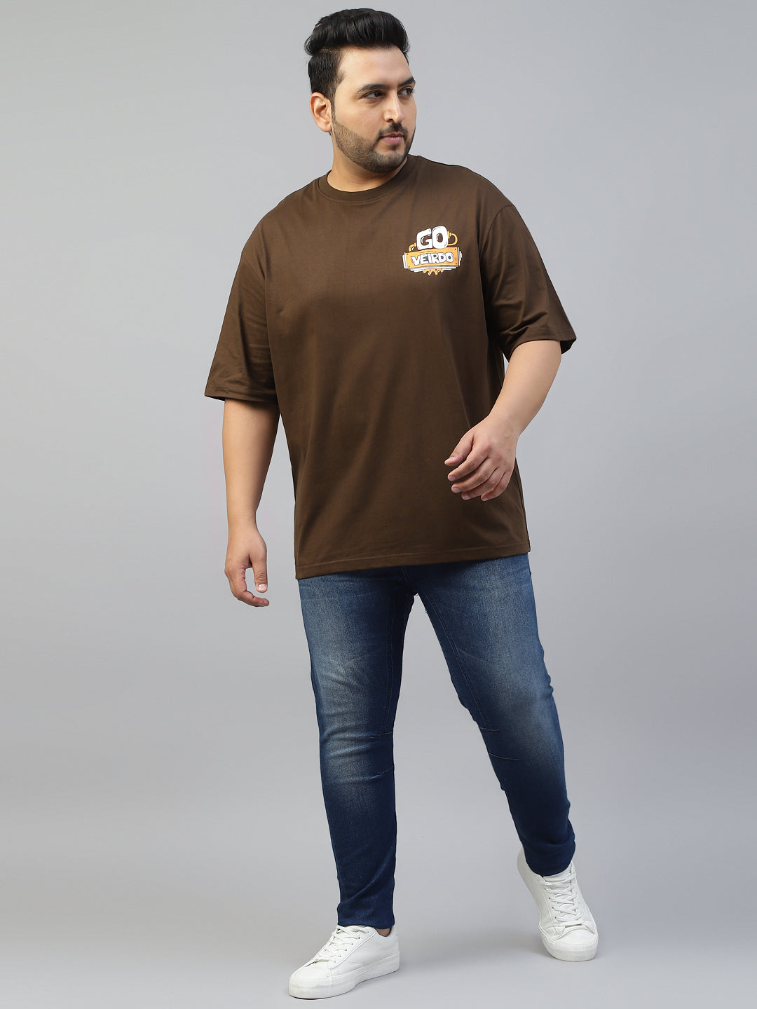 Go Veirdo Brown Oversized Plus Size Graphic Printed Tshirt