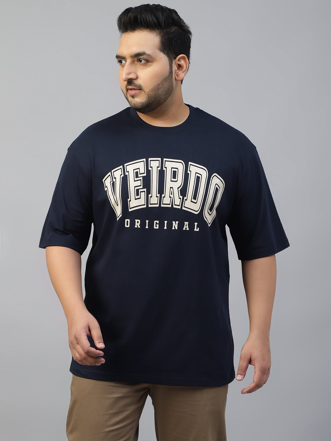 Veirdo Original Navy Oversized Typography Plus Size Printed Tshirt