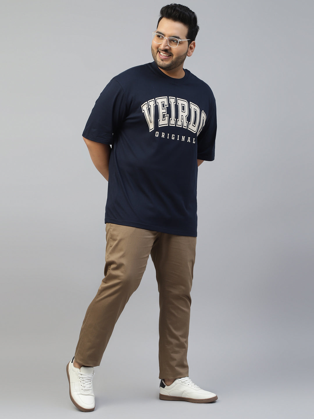 Veirdo Original Navy Oversized Typography Plus Size Printed Tshirt