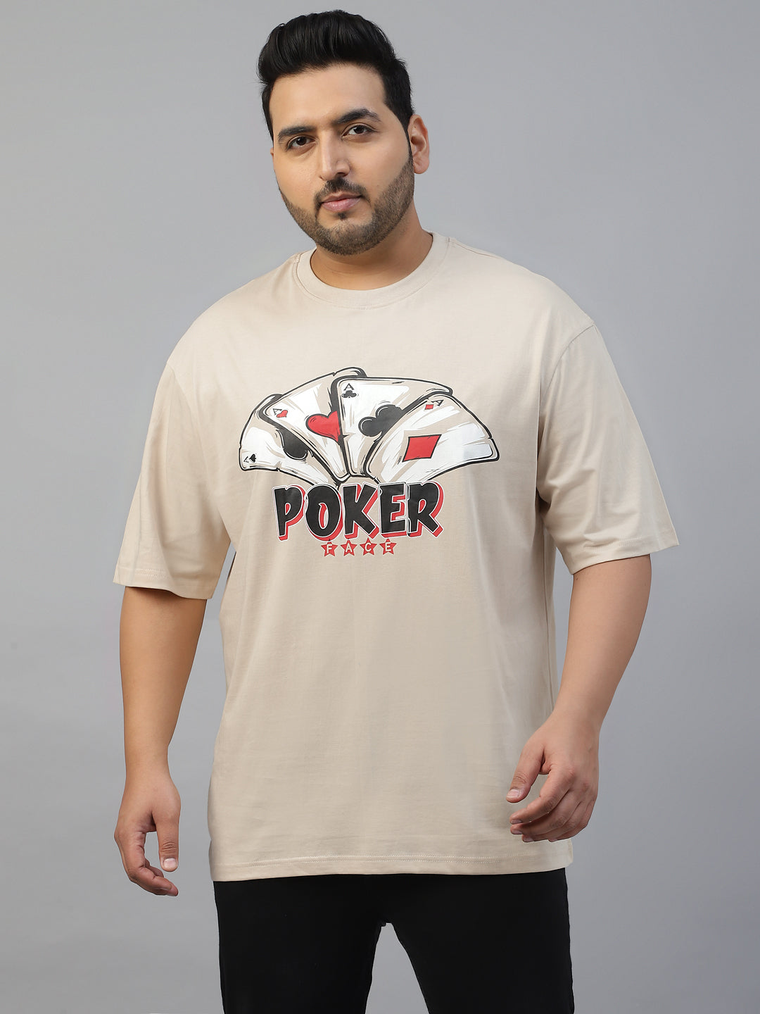 POKER Beige Oversized Plus Size Front Graphic Printed Tshirt