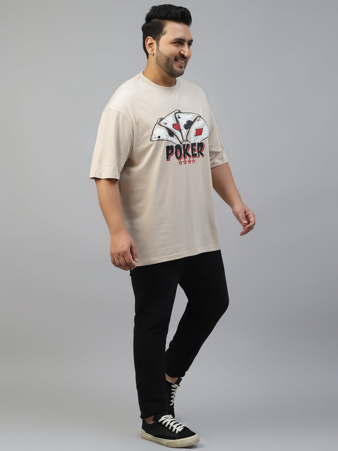 POKER Beige Oversized Plus Size Front Graphic Printed Tshirt