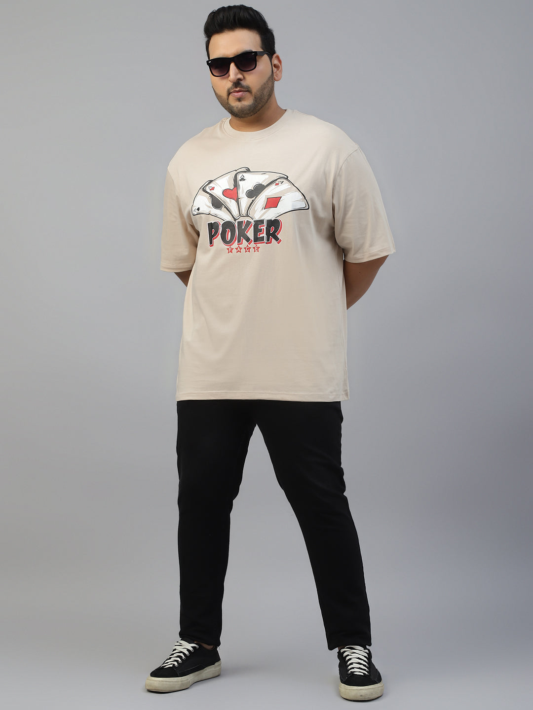 POKER Beige Oversized Plus Size Front Graphic Printed Tshirt