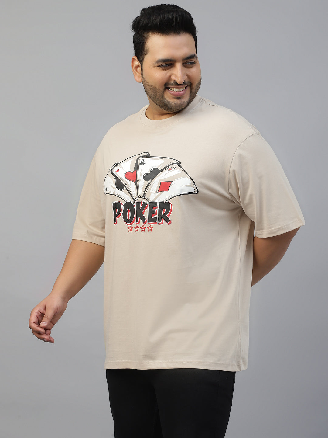 POKER Beige Oversized Plus Size Front Graphic Printed Tshirt