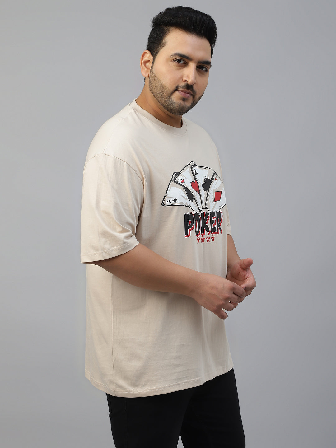 POKER Beige Oversized Plus Size Front Graphic Printed Tshirt