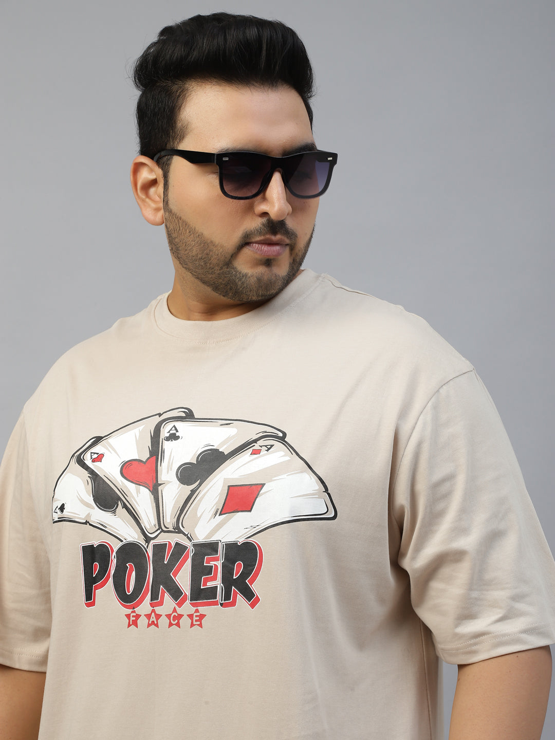 POKER Beige Oversized Plus Size Front Graphic Printed Tshirt