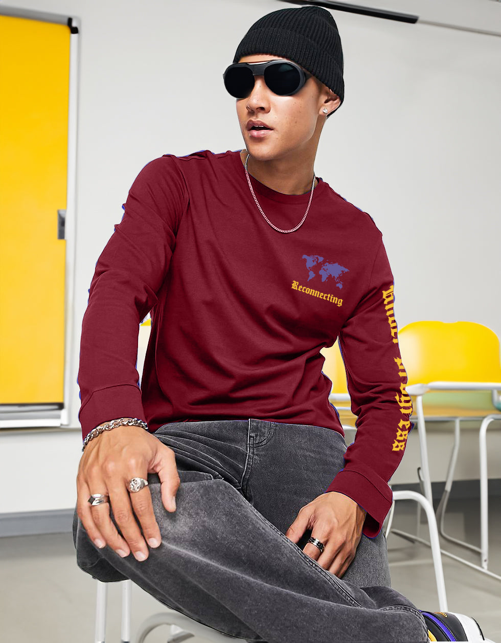 RECONNECTING Maroon Printed Full Sleeve T-Shirt