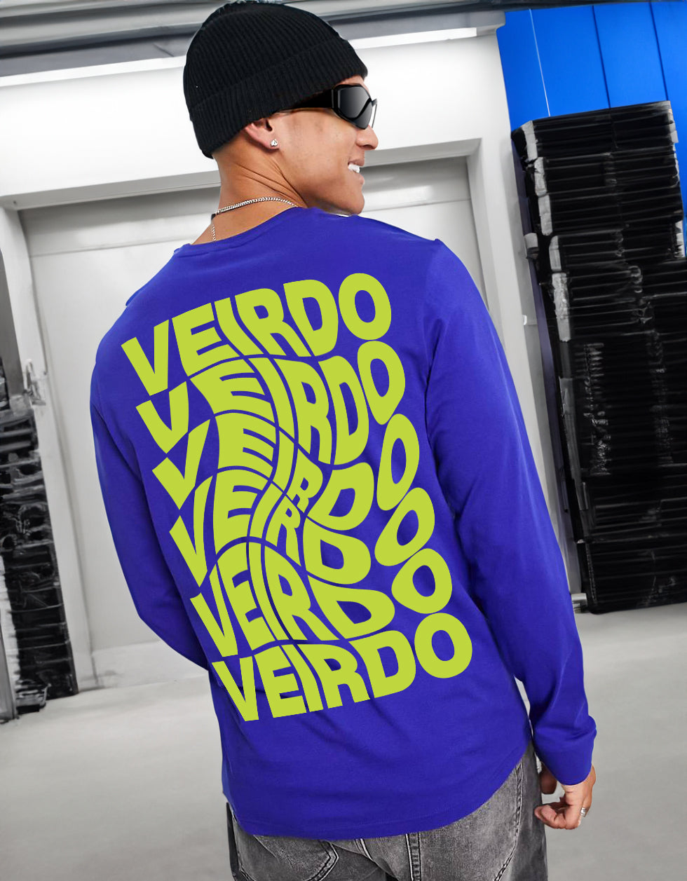 VEIRDO Royal Blue Back Typographic Printed Full Sleeve T-Shirt