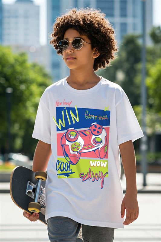 New Level Win White Oversized Graphic Printed Boys T-shirt