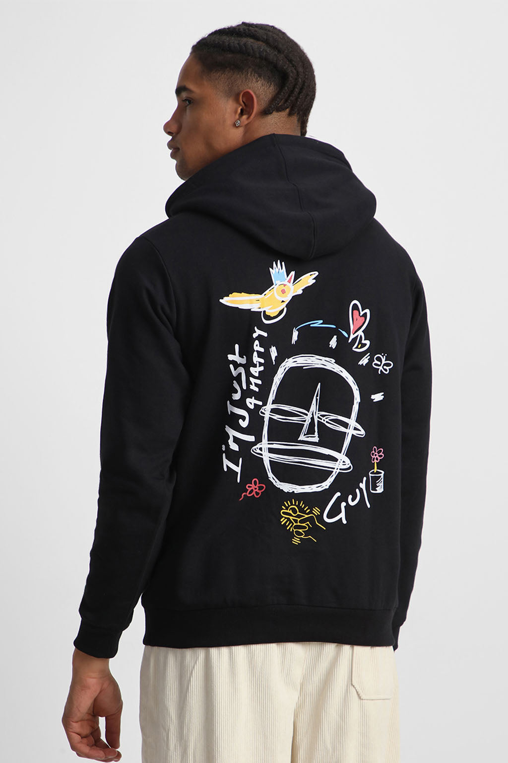 Happy Guy Black Regular Fit Back Printed Hoodie