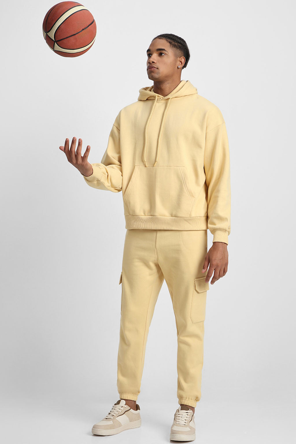 Beige Plain Men's Winter Co-ord Set With Hoodie