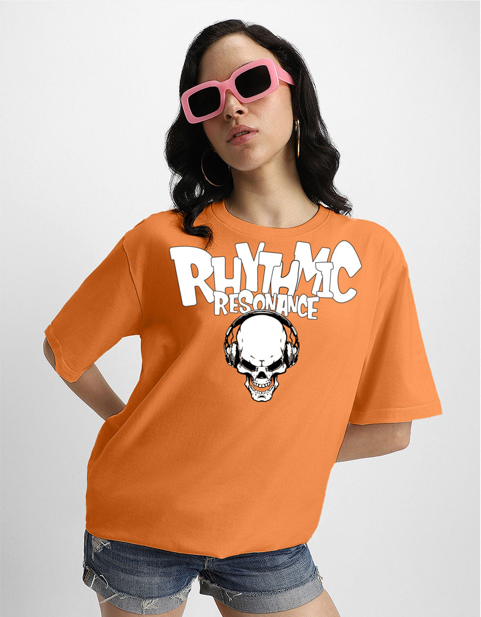 RHYTHMIC Women Orange Oversized Typographic Front Printed Tshirt