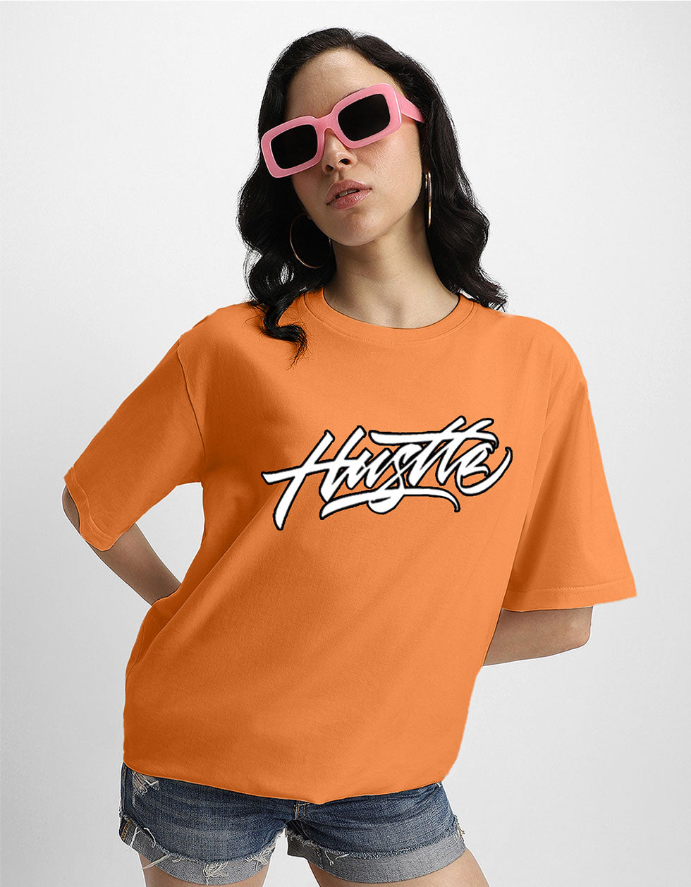HUSTLE Women Orange Oversized Back Graphic Printed Tshirt