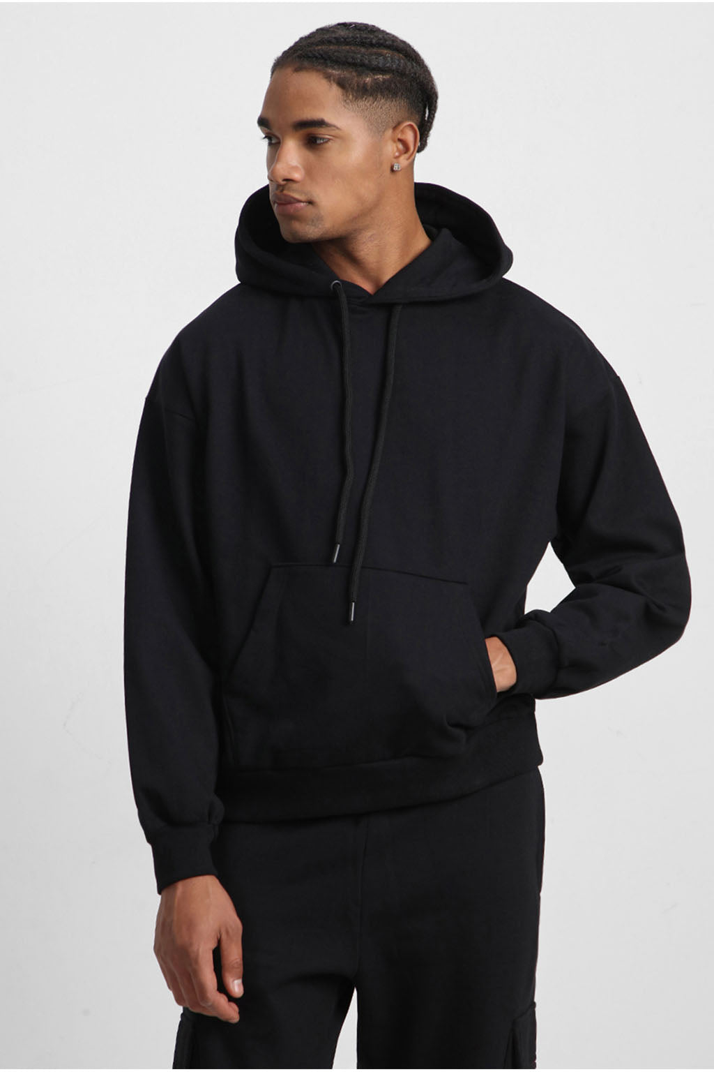 Black Plain Men's Winter Co-ord Set With Hoodie