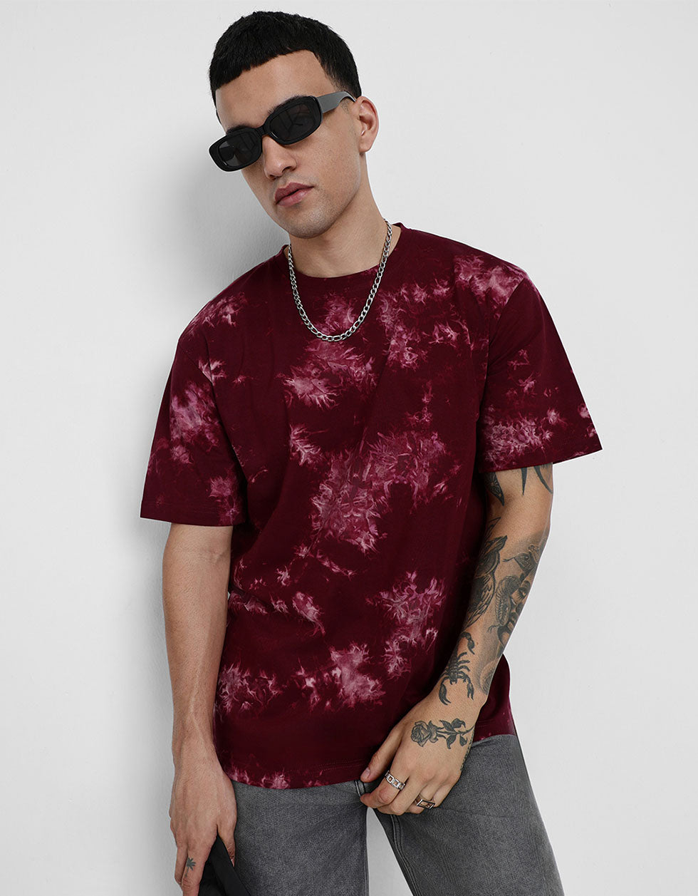 Smoke Maroon Oversized Tie-Die Printed T-shirt