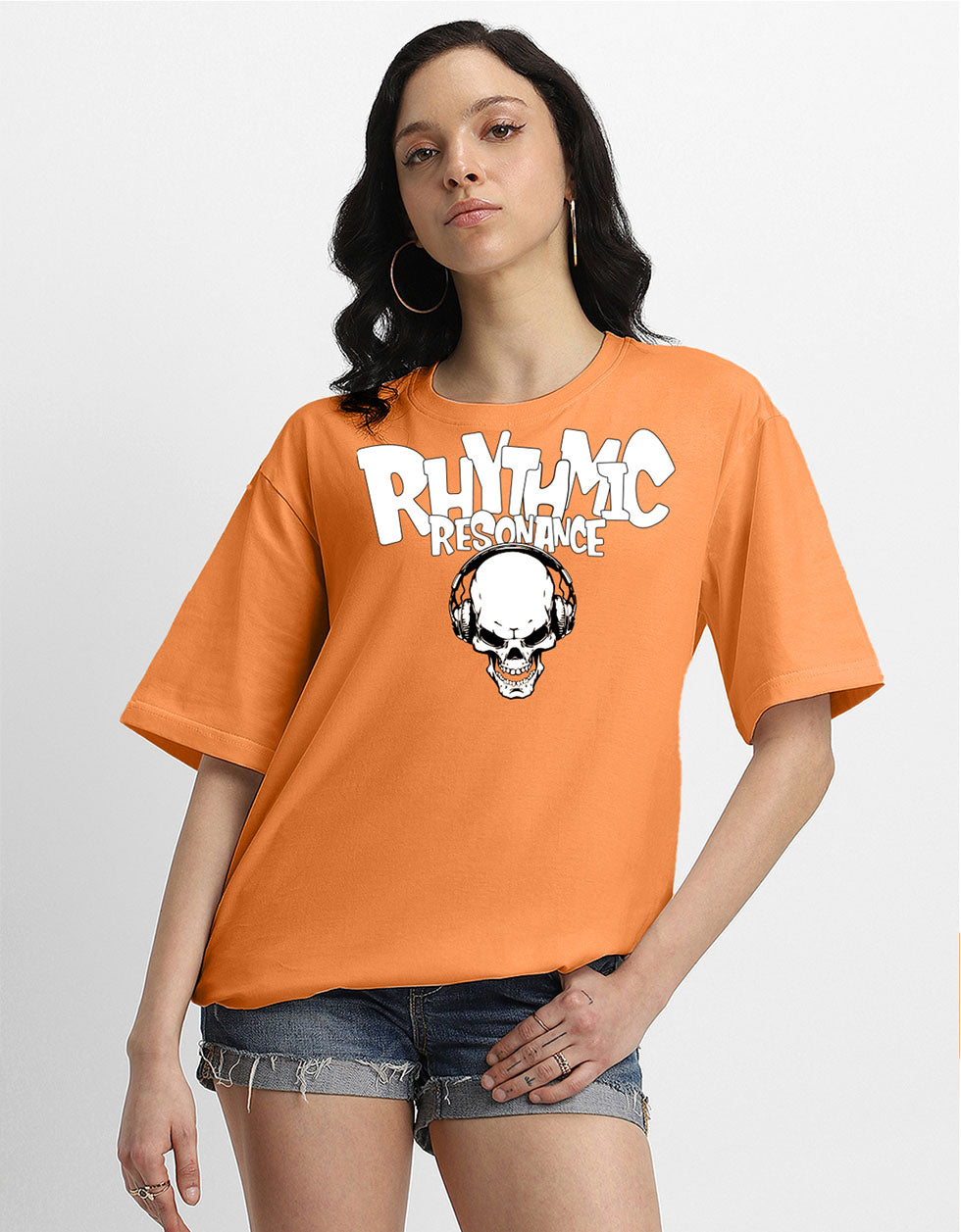 RHYTHMIC Women Orange Oversized Typographic Front Printed Tshirt